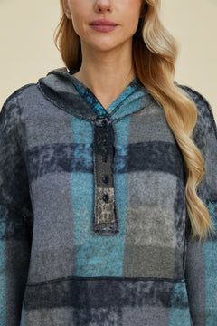 Double Take Full Size Plaid Dropped Shoulder Hoodie - Sizes Small through 3XL