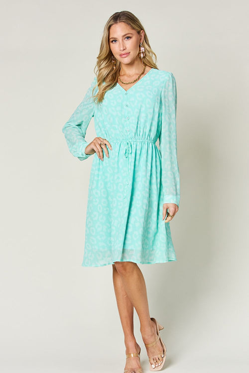 Double Take Full Size Printed Ruched V-Neck Long Sleeve Dress (Sizes S-3XL)