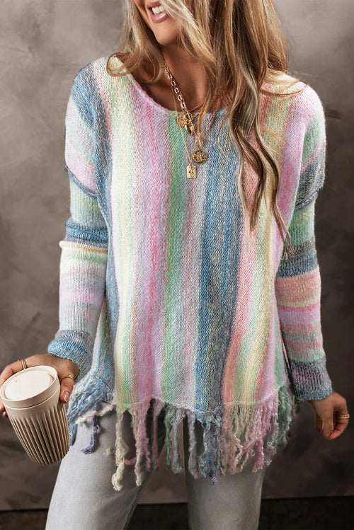 Fringe Color Block Round Neck Sweater - Sizes Small to X-Large