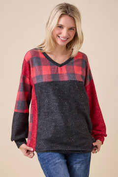 Cozy Plaid Sparkle V-Neck Tunic — Red or Green