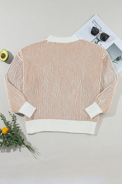 Versatile Round Neck Striped Dropped Shoulder Sweater – Cozy & Stylish