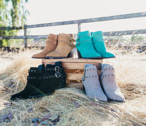 Elsa Leather Ankle Boots in Tan - Genuine Suede with Cushioned Footbed, Adjustable Buckles, Stylish Brass Grommets