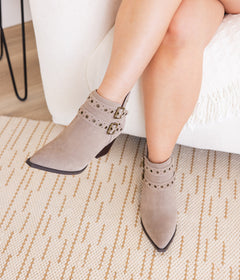 Elsa Leather Ankle Boots in Taupe - Genuine Suede with Cushioned Footbed, Adjustable Buckles, Stylish Brass Grommets