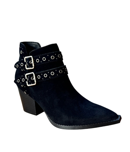 Elsa Leather Ankle Boots in Black - Genuine Suede with Cushioned Footbed, Adjustable Buckles, Stylish Brass Grommets