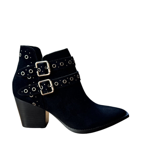 Elsa Leather Ankle Boots in Black - Genuine Suede with Cushioned Footbed, Adjustable Buckles, Stylish Brass Grommets