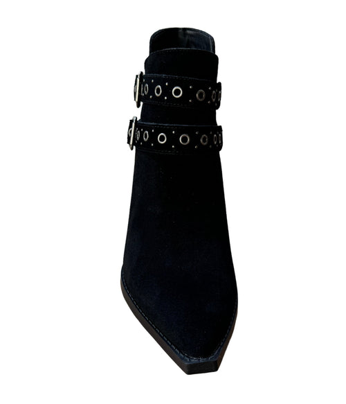 Elsa Leather Ankle Boots in Black - Genuine Suede with Cushioned Footbed, Adjustable Buckles, Stylish Brass Grommets