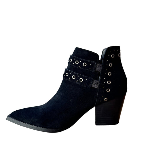 Elsa Leather Ankle Boots in Black - Genuine Suede with Cushioned Footbed, Adjustable Buckles, Stylish Brass Grommets