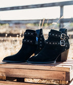 Elsa Leather Ankle Boots in Black - Genuine Suede with Cushioned Footbed, Adjustable Buckles, Stylish Brass Grommets