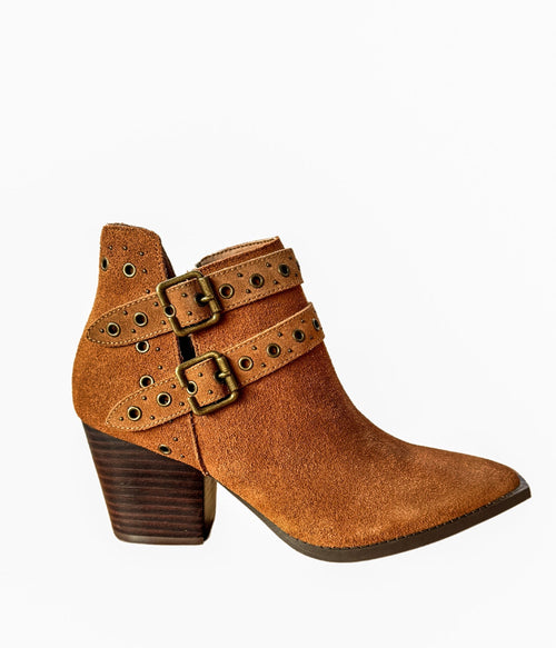 Elsa Leather Ankle Boots in Tan - Genuine Suede with Cushioned Footbed, Adjustable Buckles, Stylish Brass Grommets