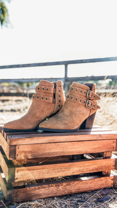 Elsa Leather Ankle Boots in Tan - Genuine Suede with Cushioned Footbed, Adjustable Buckles, Stylish Brass Grommets