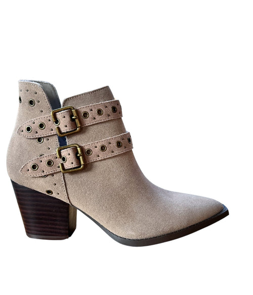 Elsa Leather Ankle Boots in Taupe - Genuine Suede with Cushioned Footbed, Adjustable Buckles, Stylish Brass Grommets