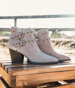 Side view of Elsa Leather Ankle Boots in taupe showing cushioned footbed and 2.75-inch block heel