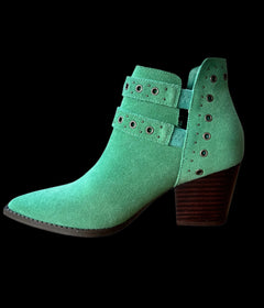 Side view of Elsa Leather Ankle Boots in teal showing cushioned footbed and 2.75-inch block heel