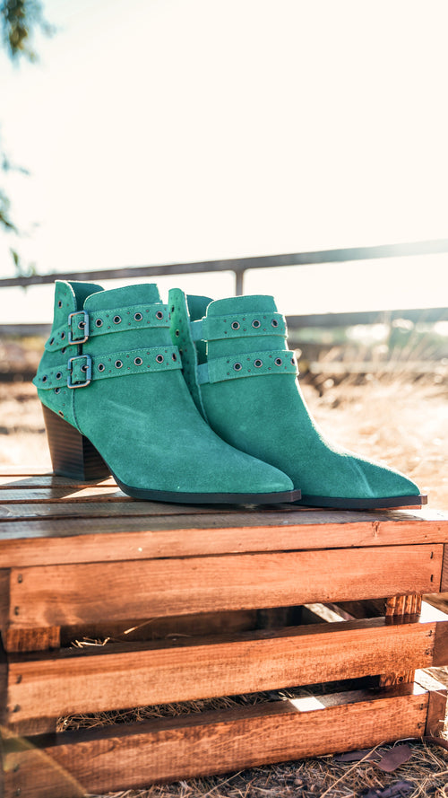 Elsa Leather Ankle Boots in Teal - Genuine Suede with Cushioned Footbed, Adjustable Buckles, Stylish Brass Grommets