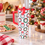 Ribbon Wreath tumbler on a Christmas kitchen counter