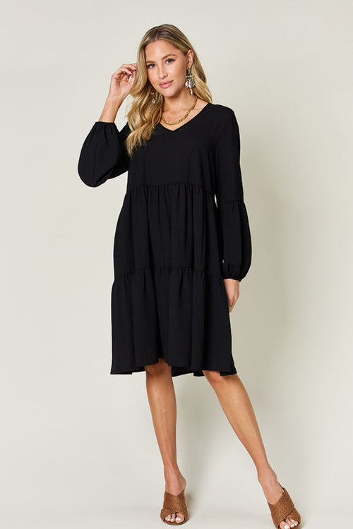 Double Take Full Size V-Neck Balloon Sleeve Tiered Dress (Sizes S-3XL)