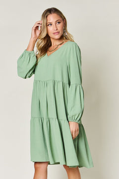 Double Take Full Size V-Neck Balloon Sleeve Tiered Dress (Sizes S-3XL)