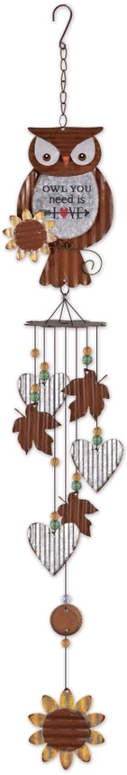 Decorative owl wind chime with hanging hook on a white background