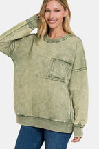 Zenana Exposed Seam Round Neck Dropped Shoulder Sweatshirt - Trendy & Comfortable Casual Wear - Light Olive