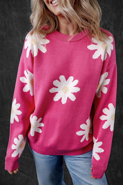 Daisy Round Neck Dropped Shoulder Sweater - Perfect for Fall & Back to School