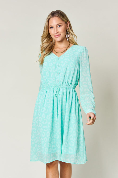 Double Take Full Size Printed Ruched V-Neck Long Sleeve Dress (Sizes S-3XL)