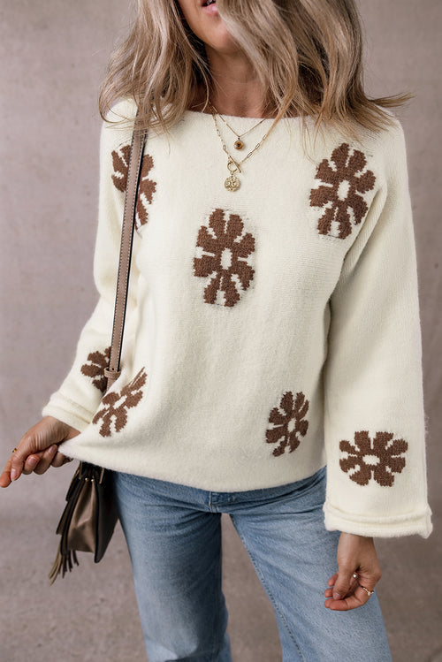 Flower Round Neck Long Sleeve Sweater - Sizes S-XL - Perfect for Back to School & Fall