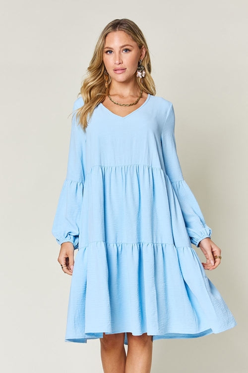 Double Take Full Size V-Neck Balloon Sleeve Tiered Dress (Sizes S-3XL)