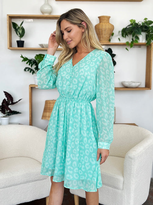 Double Take Full Size Printed Ruched V-Neck Long Sleeve Dress (Sizes S-3XL)