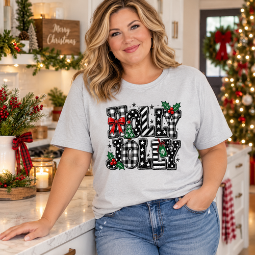 Holly Jolly Plaid Christmas Graphic Tee | Festive Holiday Shirt