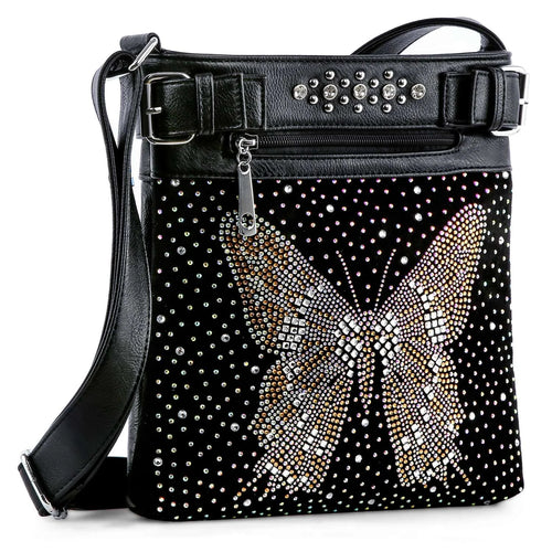 Rhinestone Butterfly Crossbody Bag – Sparkly Faux Leather Sling Purse with Pockets for Women