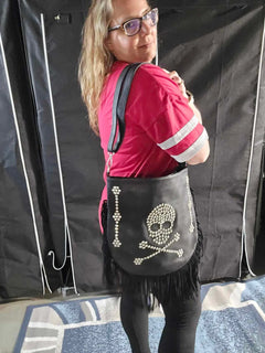Jolly Roger Skull Design Fringed Rhinestone Hobo Shoulder Bag - Bold and Edgy Faux Leather Crossbody