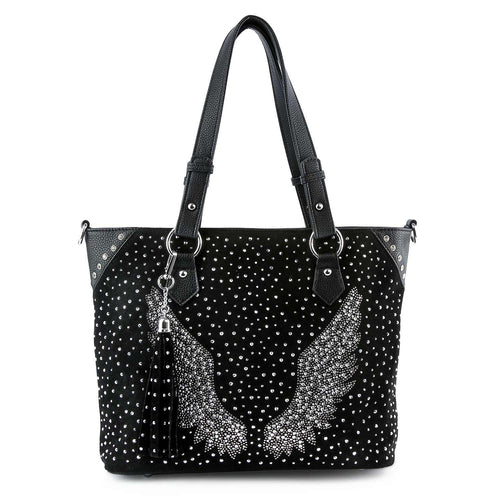 Rhinestone Angel Wing Tote – Vegan Leather Studded Handbag