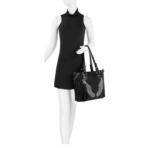 Rhinestone Angel Wing Tote – Vegan Leather Studded Handbag