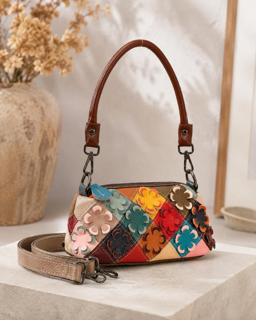 Genuine Leather Colorful Floral Patchwork Petite Shoulder Crossbody Bag