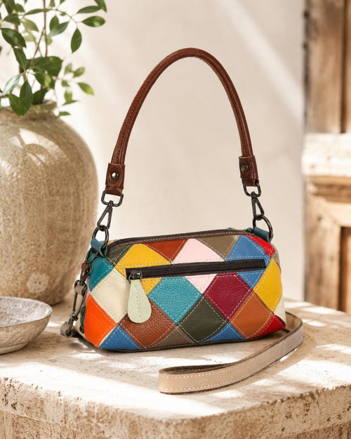 Genuine Leather Colorful Floral Patchwork Petite Shoulder Crossbody Bag