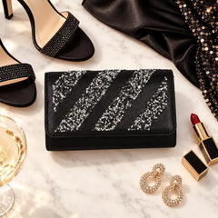 Sparkly Evening Clutch, Glitter Stripe Vegan Leather Bag, Gold Silver Black