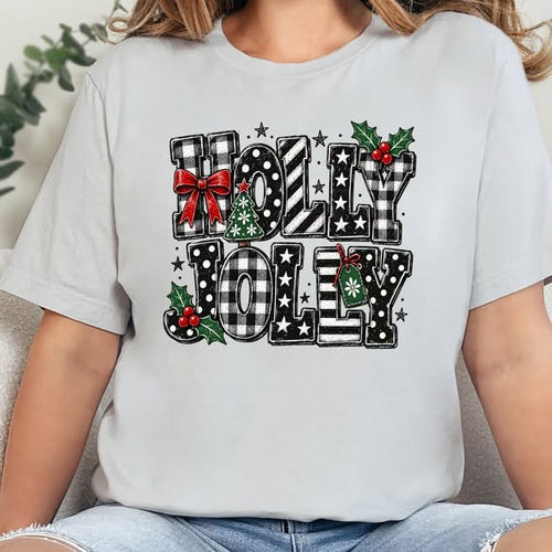 Holly Jolly plaid Christmas graphic on silver tee