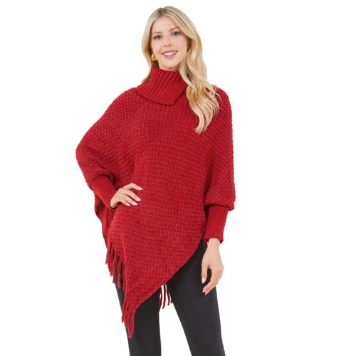 Knit cowl neck poncho with sleeves and fringe in red