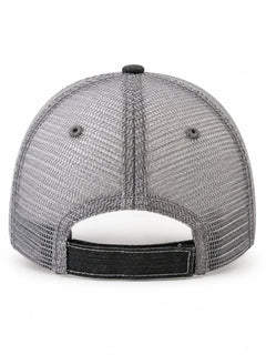 The back view of a gray mesh baseball cap with a black adjustable strap and black button on a white background.