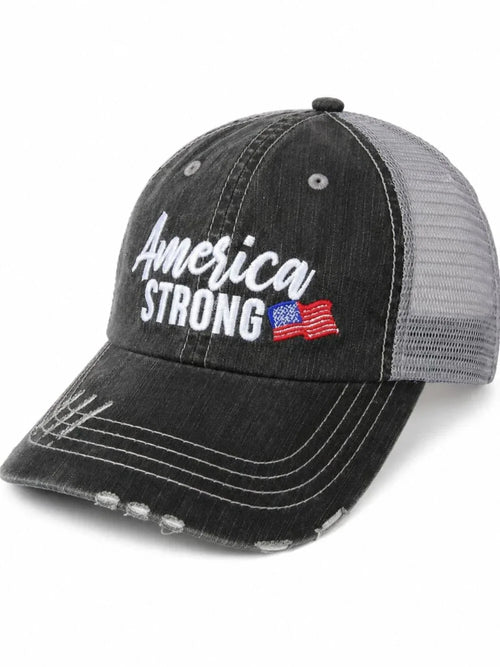 A distressed black trucker cap with a gray mesh back, featuring 'America Strong' embroidered on the front in white, with a small American flag graphic.