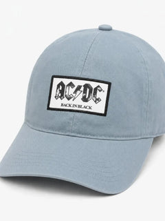 A light blue-gray baseball cap featuring a rectangular front patch with the AC/DC logo and the text 'BACK IN BLACK' in black and white.
