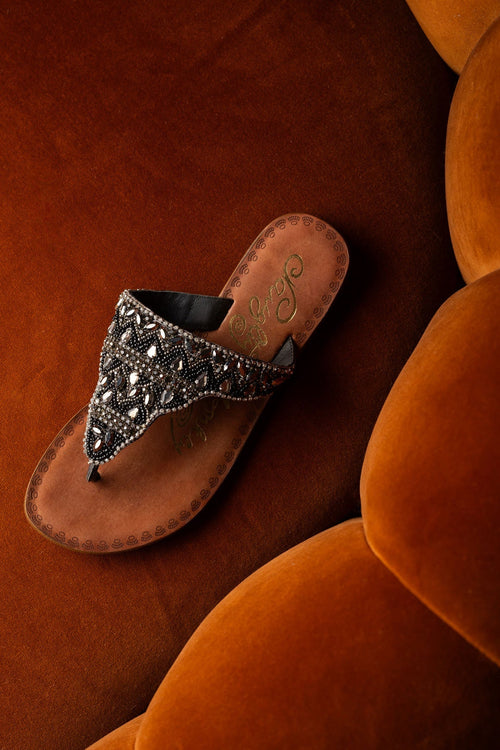 Loving U – Jeweled Leather Slide Sandals in Black by Naughty Monkey