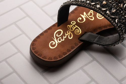 Loving U – Jeweled Leather Slide Sandals in Black by Naughty Monkey
