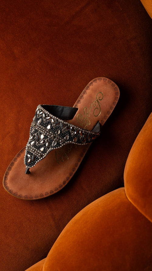 Loving U – Jeweled Leather Slide Sandals in Black by Naughty Monkey