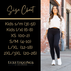 Size chart for Luxe black pocket leggings