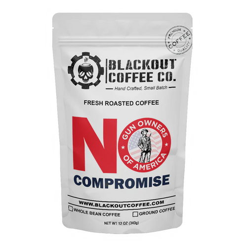 White coffee bag with Blackout Coffee Co. branding and 'No Compromise' slogan on a white background