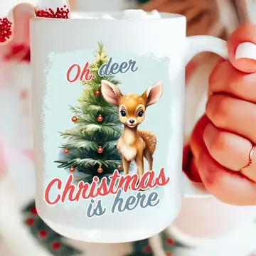 Christmas mug with baby deer decorated tree and Oh Deer Christmas Is Here wording