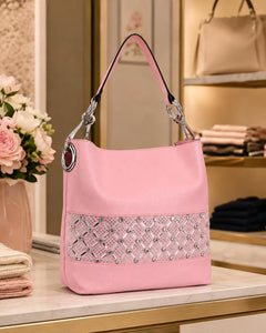 Pink rhinestone bling hobo handbag front view