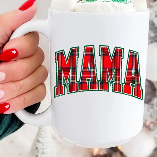 White 15 oz Christmas mug with red and green plaid MAMA lettering