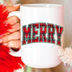 White ceramic Christmas mug with red green plaid MERRY letters